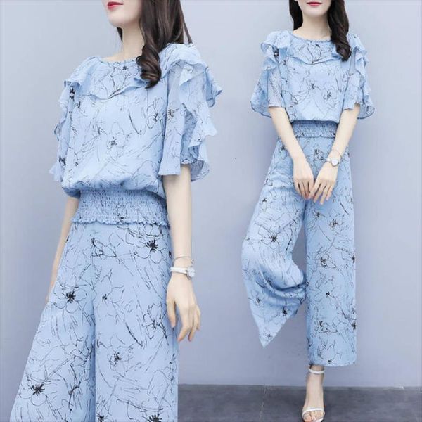 

summer printing lotus leaf womenpant short sleeve two piece set chiffon casual wide leg pants women suits fy240, White