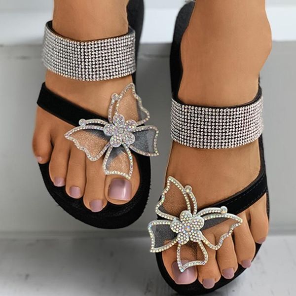 

slippers 2021 women bohemia platform flip flops woman crystal butterfly female casual flat ladies summer beach shoes plus size, Black