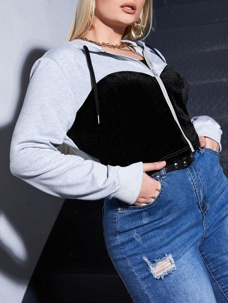 

plus colorblock zip up drawstring hoodie q8i4#, Black