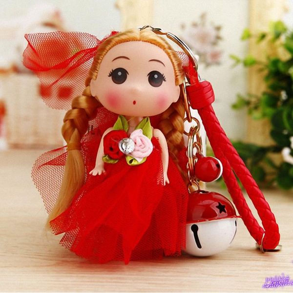 

keychains cute baby dolls wedding dress princess keychain for girls key holder bag charms kids keyring leather strap k033-red+bell, Silver