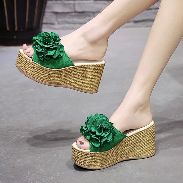 

slippers women flower 2021 summer casual beach muffin slip on platform ladies sandals dress party peep toe female, Black