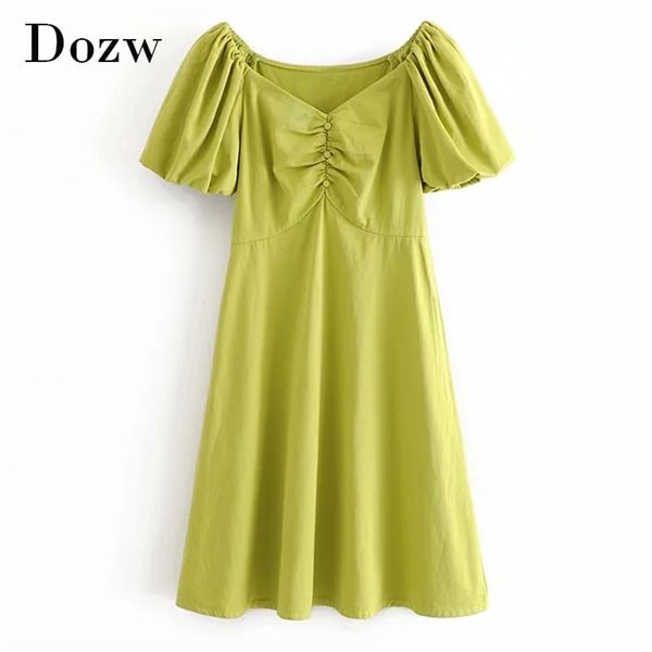 Solide V-ausschnitt Mini Kleid Frauen Sommer Laterne Kurzarm Elegante es Taste Plissee Casual Grün Weiß Weiblich 210515
