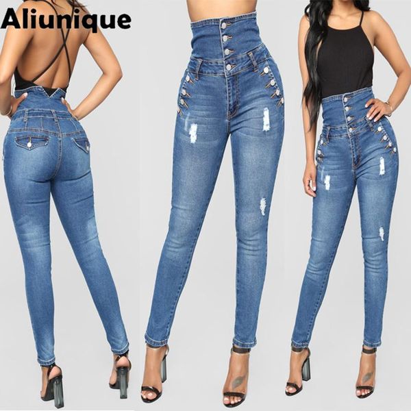 

aliunique high waist jeans for women slim stretch denim bandage skinny push up elasticity trousers women's, Blue
