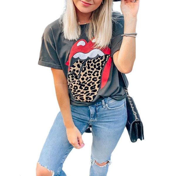 

women's t-shirt cotton funny leopard print women 2021 summer red lips female t shirt casual o-neck short sleeve tee y2k, White