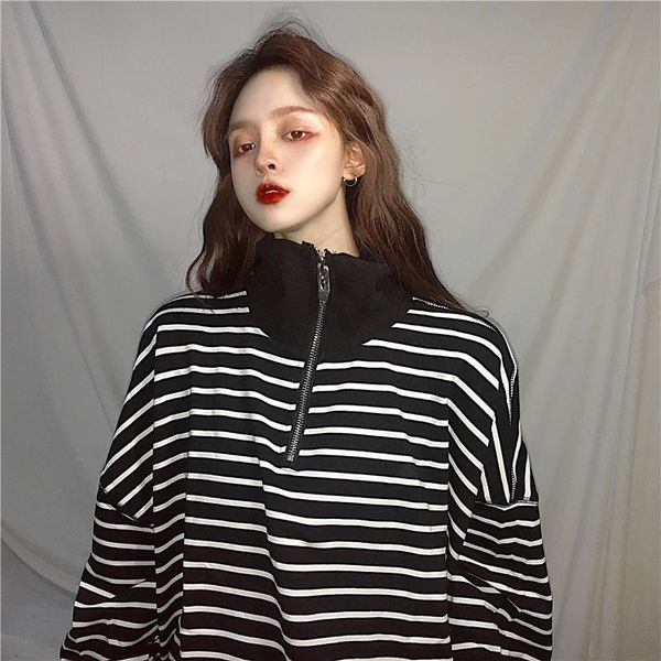 

women's t-shirt tshirts tunic kawaii ladies vintage striped zipper long sleeve female ulzzang harajuku for women casual, White