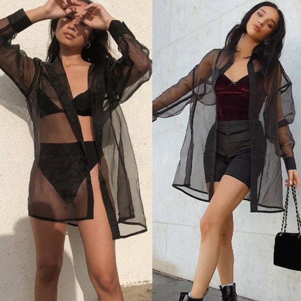 

women's swimwear fashion women casual mesh perspective long sleeve shawl outwear blousers, White;black
