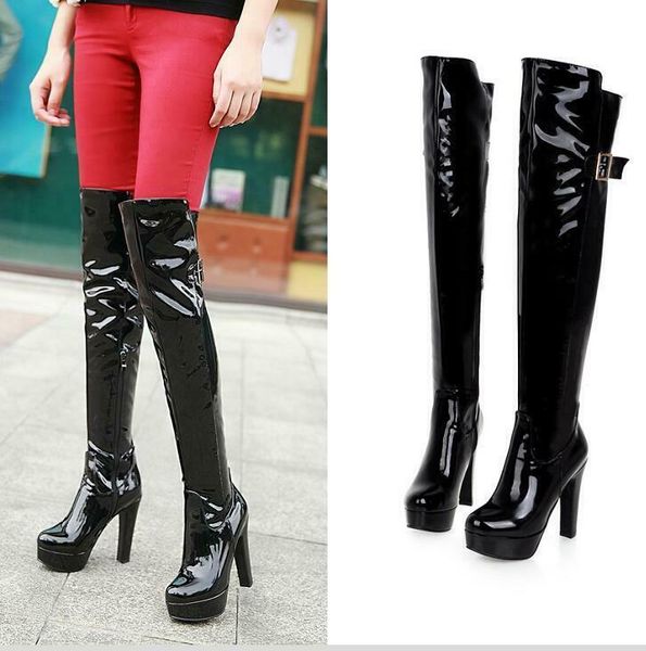 

boots fashion women platform high heel block over knee thigh party shoes big sz, Black