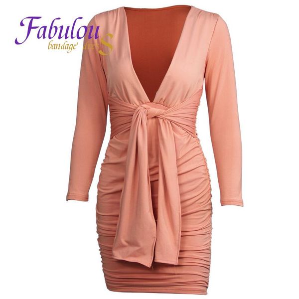 

casual dresses fabandage autumn women v neck long sleeve draped party ruched elegant nightclub mini green pink plunging neckline dress, Black;gray