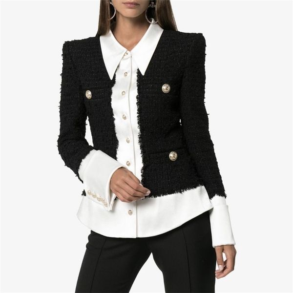 High Street est elegante designer jaqueta feminina camisa feminina colarinho patchwork lã mistura 210521