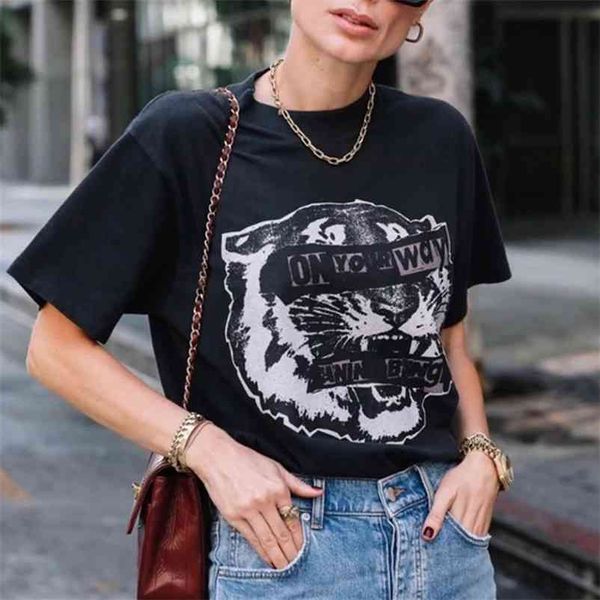 Rowling Chic Tiger Black Tiger Graphic Tees Women Cotton Short Shory O Neck Tshirt Nuova T-shirt Boho Fashion Casual 210401