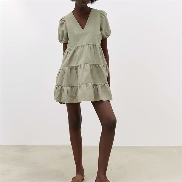 

women summer za casual linen mini dress short sleeve v-neck spliced female elegant vintage street a-line dresses vestidos 210513, Black;gray