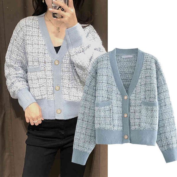 

women's two piece pants za women autumn check stripe knitted sweater winter cardigan sweater long sleeve casual loose knit single, White