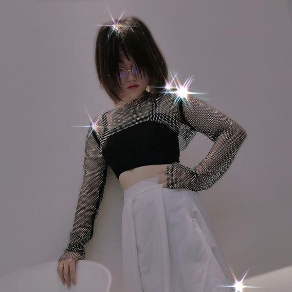

women's blouses & shirts fashion net drill crystal long sleeve shiny short light diamond mesh shirt full outer women top, White