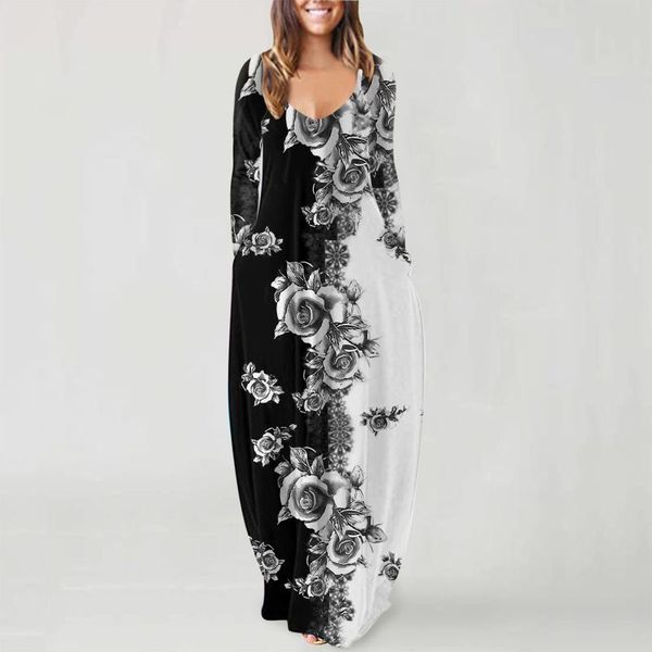 

casual dresses #l5 floral print vintage long dress women summer o-neck flower sleeve maxi loose elegance ladies, Black;gray