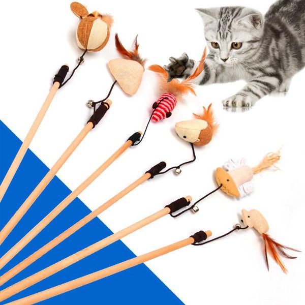 

1pcs cartoon pet cat teaser toys feather wood rod mouse toy with mini bell catcher wooden stick interactive