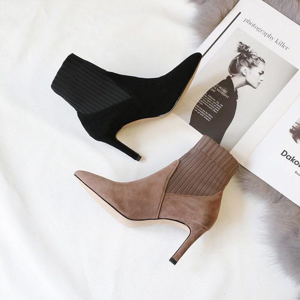 

boots 2021 women female slip on knitted suede genuine leather ankle booties, Black