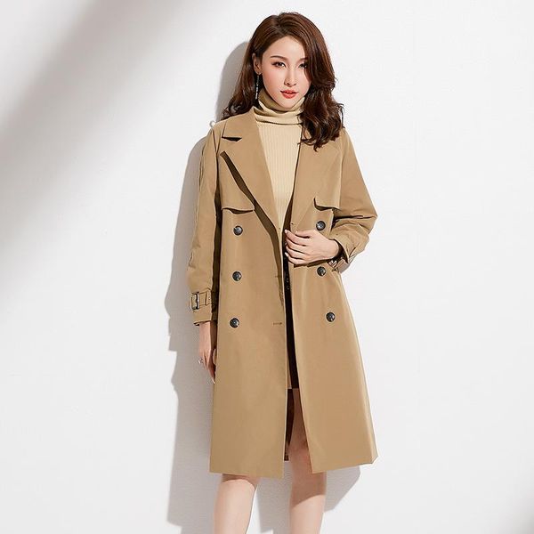 

women's trench coats wmswjh fashion spring autumn casual coat double breasted long slim office lady outerwear below knee on8222, Tan;black
