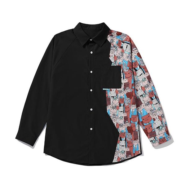

men's casual shirts harajuku mens design raglan sleeves long floral patchwork pocket blouse black blue oversized streetwear clothing, White;black
