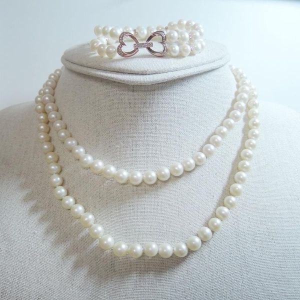 

earrings & necklace 100% nature freshwater pearl jewelry set with and bracelet,double chain , pearls, Silver