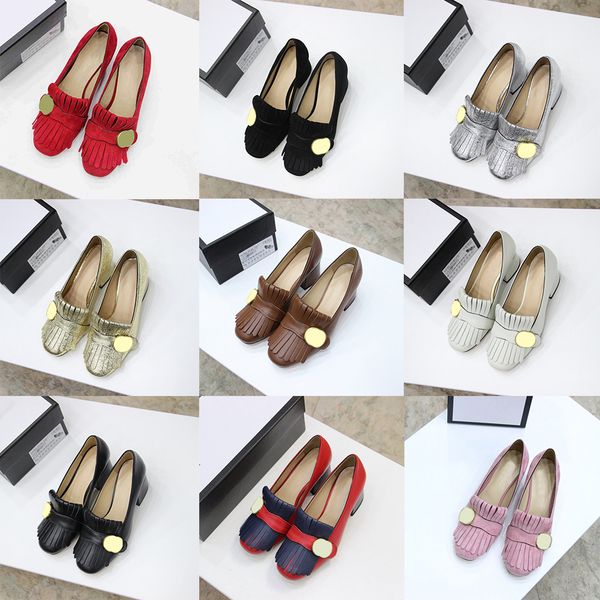 

2022 women tassel dress shoes fashion marmont series leather mid heel loafers luxury brand ladies office party wedding shoe with box size 35, Black