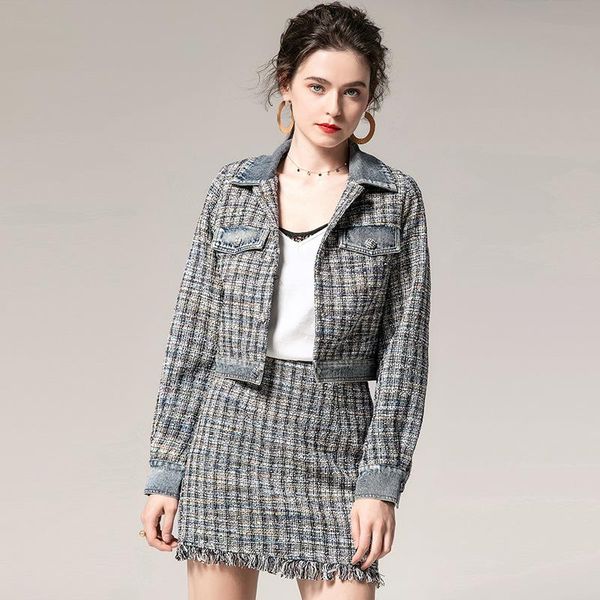 

work dresses ellacey autumn winter taseel checkered skirt suit fashion blazer women 2021 plaid woolen jacket two piece set, White;black