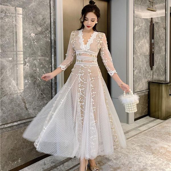 

casual dresses spring runway v-neck mesh embroidery polka-dot dress woman elegant slim draped party long female vestidos fall, Black;gray