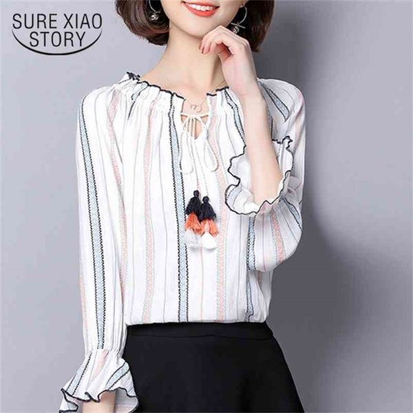 

fashion striped women blouse shirt summer slash neck ladies chiffon feminine blusas 0408 40 210506, White