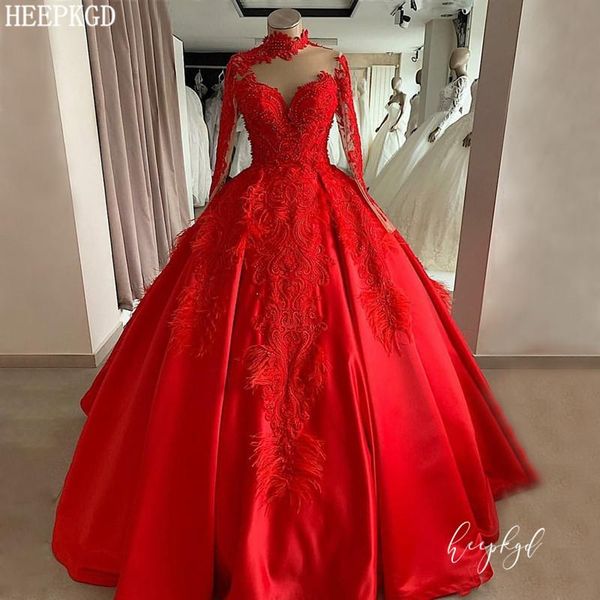 

party dresses dubai red long sleeves feather evening dress luxury beaded appliques high neck see through satin formal customize, White;black