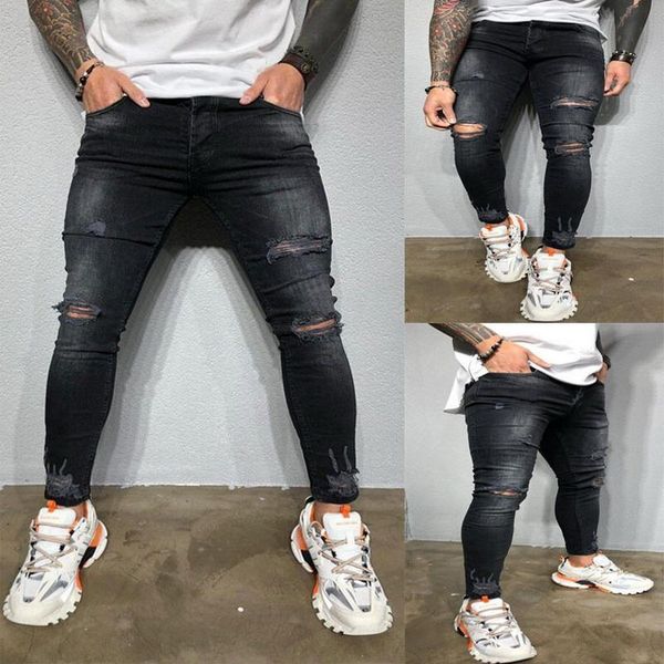 

men's jeans mens jogger hip hop black tear skinny ripped stretch slim elastic denim pencil pants male casual motorcycle biker, Blue