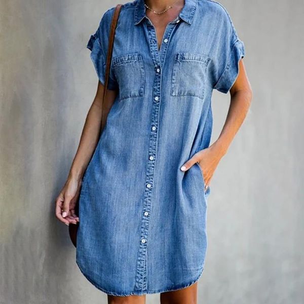 

casual dresses summer denim dress for women 2021 blue button v-neck short sleeve plus size pockets mini vestidos, Black;gray