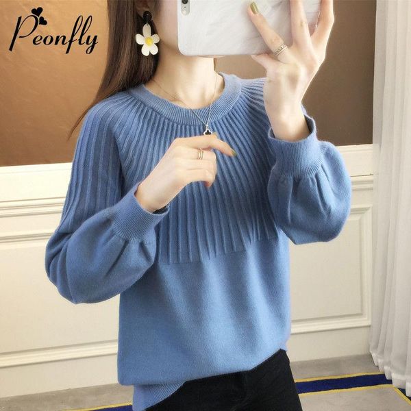

women's sweaters peonfly sweater 2021 autumn winter knitted pullover casual lantern sleeve women solid jumper blue green, White;black