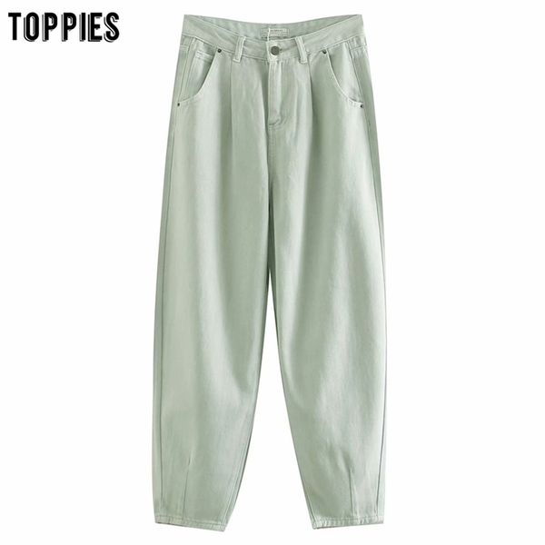 

fashion light green denim pants womens harem high waist loose trousers streetwear 210421, Black;white