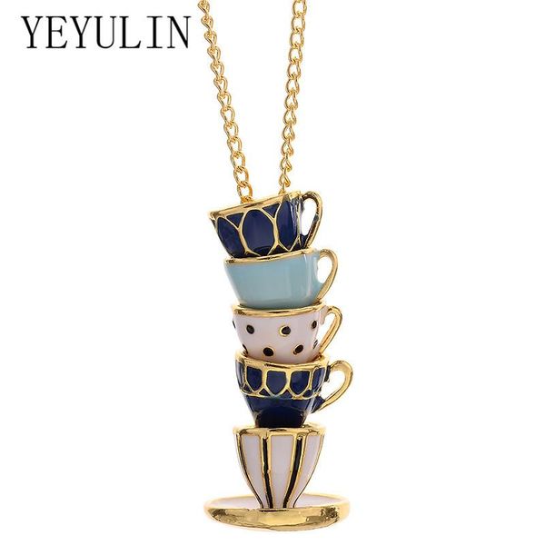 

cute multi-layer tea cups stack pendant necklace for women men simulation enamel cup chain necklaces fashion jewelry gifts, Silver