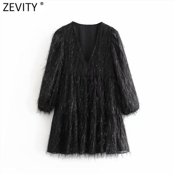 

women vintage v neck shinning tassel decoration black mini dress femme pleat puff sleeve chic vestido clothing ds4894 210416, Black;gray