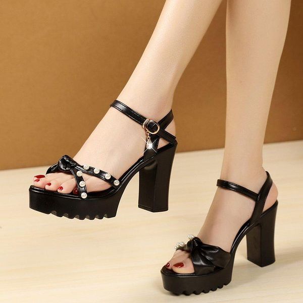

dress shoes platform sandals women pearls wedding bride summer block high heels pumps open toe white black