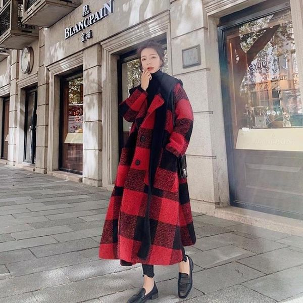 

women's wool & blends hooded red woolen coat female mid-length straight 2021 autumn winter overcoat thick plaid women temperament, Black