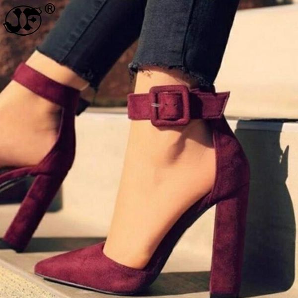 

buckle strap high heels sandals women pointed toe concise dress classic square 12cm zapatos mujer sandalias 456j, Black