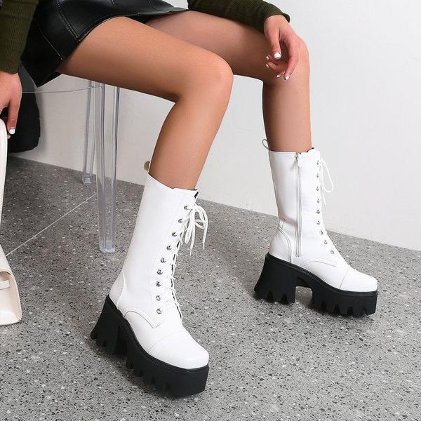 

boots ladies mid-up waterproof platform thick high-heeled fashion street women's shoes cross strap, Black