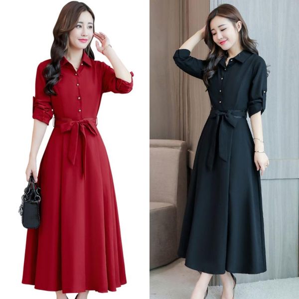 

casual dresses spring winter elegant female maxi women a-line shirt dress office lady turn down collar long sleeve, Black;gray