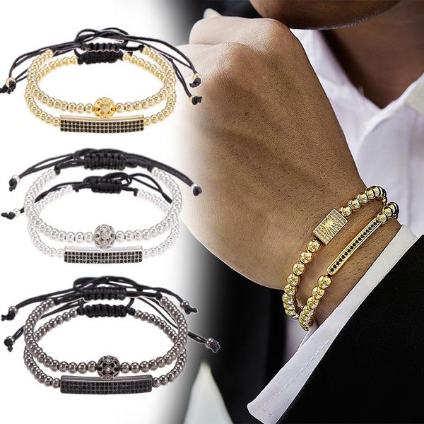 

charm bracelets 2pcs/set crystal punk men bracelet pave cz long tube braided macrame gold color bead for jewelry gift, Golden;silver