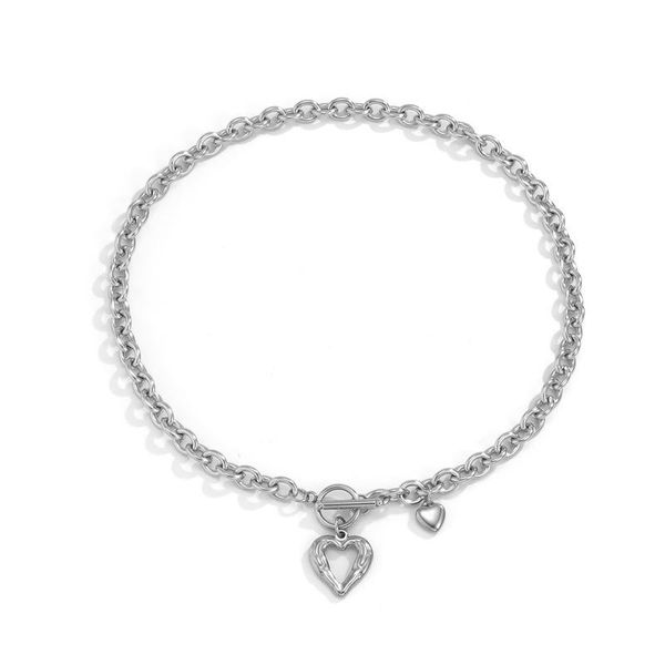 

pendant necklaces potcet korea fashion trend women's stainless steel heart necklace stranded titanium ot chain irregular hip hop jewelr, Silver