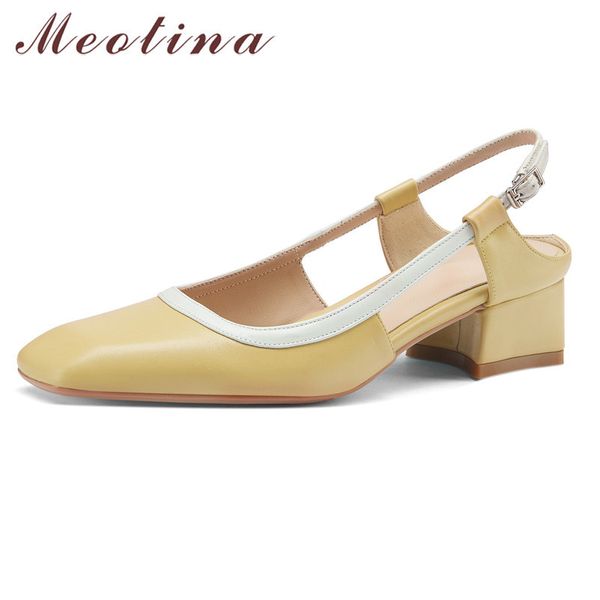 

meotina natural genuine leather slingbacks shoes women mid heel pumps square toe buckle strap footwear female block heels shoes 210520, Black