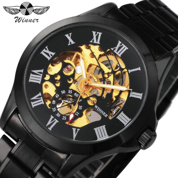 

sport automatic watch for male black stainless steel strap luxury roman numerals men's skeleton reloj hombre wristwatches, Slivery;brown