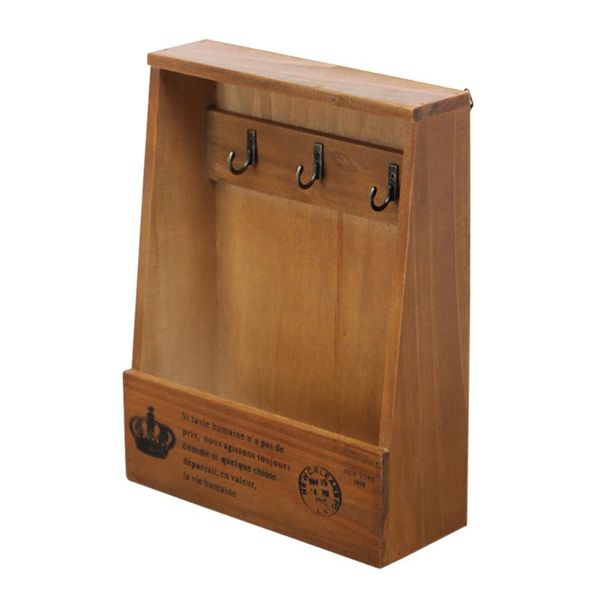 

hooks & rails vintage sundries storage wood box mail keys pens documents organizer with 3 home wall decoration (antique brown)