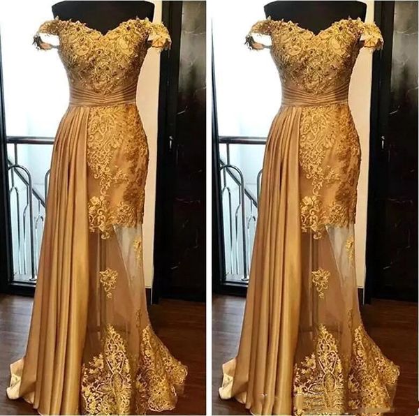 2022 Elegante Gold Spitze Satin Formale Abendkleider aus der Schulter Applikationen Perlen Ganzaufnahme Hochzeiten Party Kleider Prom Kleid Plus Größe Robe de Soriee Arabisch