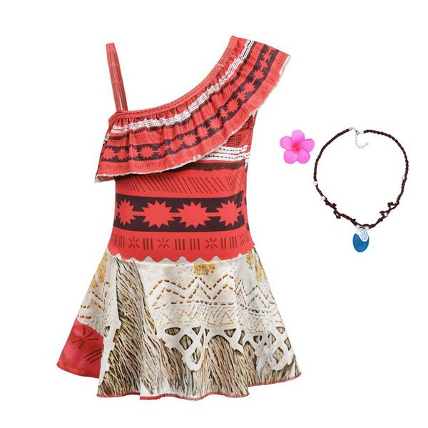 

girl's dresses 2021 kids girls summer dress clothes cosplay children vaiana party costume with necklace girl set, Red;yellow