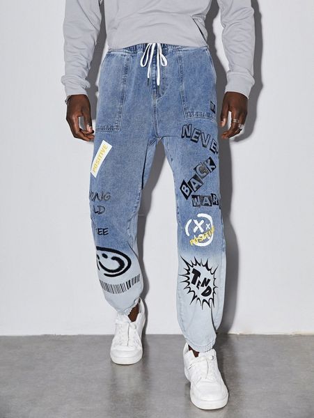 

men letter & graphic print jogger jeans p19w#, Blue