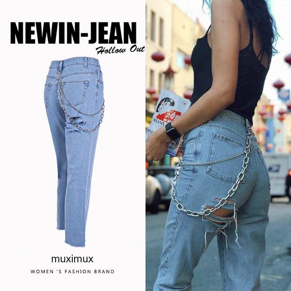 

women's jeans 2021 autumn washed denim women winter high waist back hole streetwear straight female cowboy pants, Blue