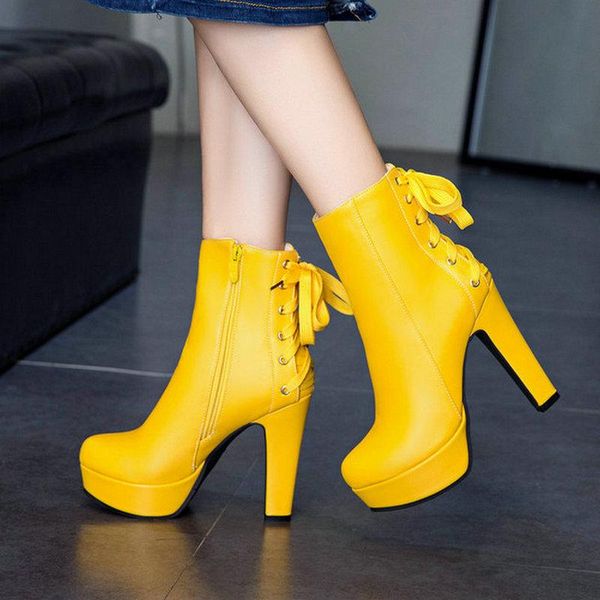

boots 2021 platform square high heel women ankle fashion cross tied zipper autumn winter shoes big size 34-43, Black