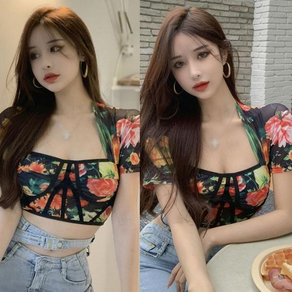 

women's t-shirt square collar floral print slim french style exposed navel short sleeves tee top, White